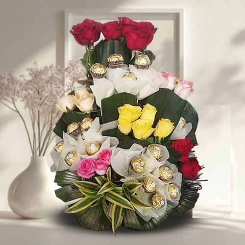 Colorful Arrangement of Roses n Ferrero Rocher