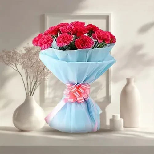 Shop for this ravishing Hand Bunch of Pink Carnations Online in tissue wrapping