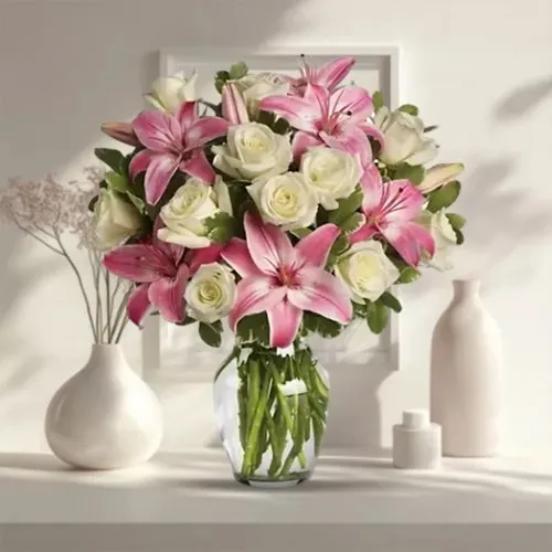 Breathtaking Present of Pink Lilies with White Roses in Glass Vase