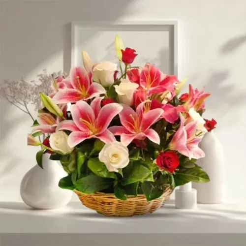 Lovely Arrangement of Pink Roses with Pink Lilies