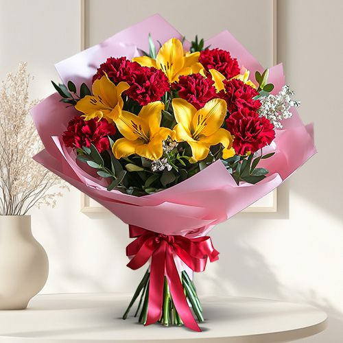 Blooming Red Carnations N Yellow Lilies Bouquet