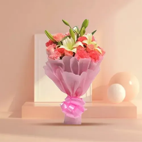 Captivating Pink Carnations, Lily Stems nd Pink Roses Bouquet