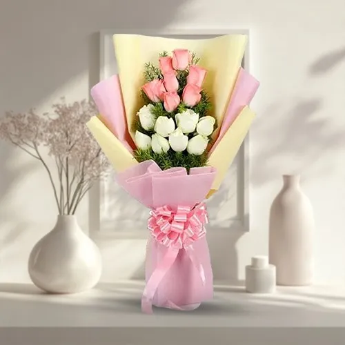Blushing White N Pink Roses Bouquet enhanced with Filler Flowers