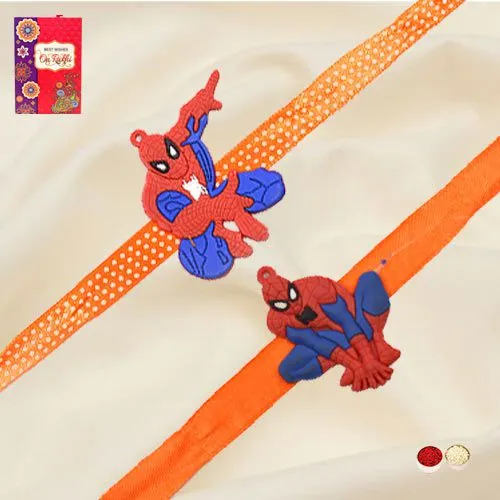 Stylish Pair of Spiderman Rakhi with Roli, Chawal n Card