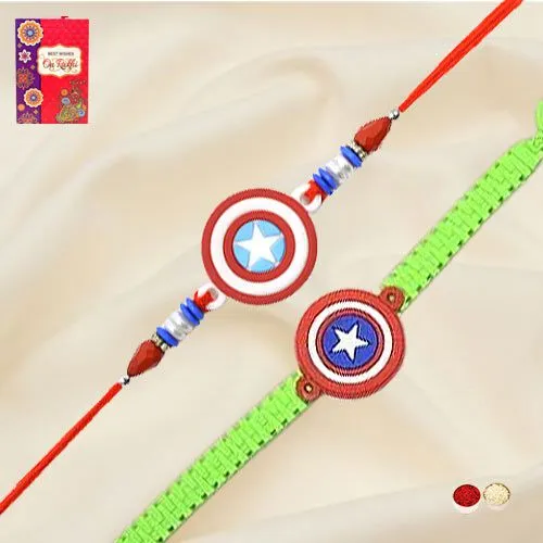 Soothing Captain America Rakhi Pair with Roli, Chawal n Card