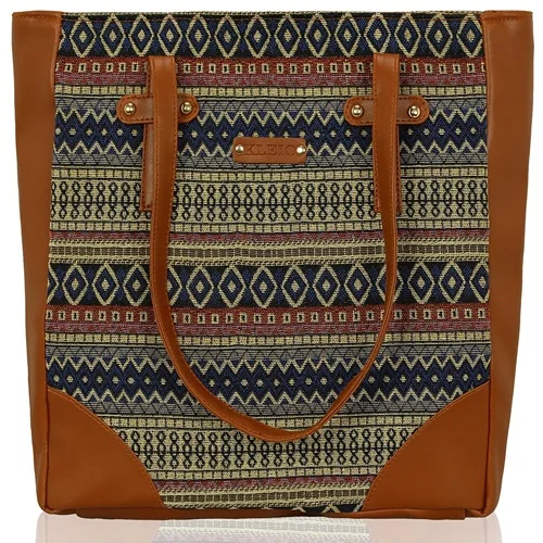 KLEIO Jacquard Fabric Faux Leather Tote Bag for Funky Girls