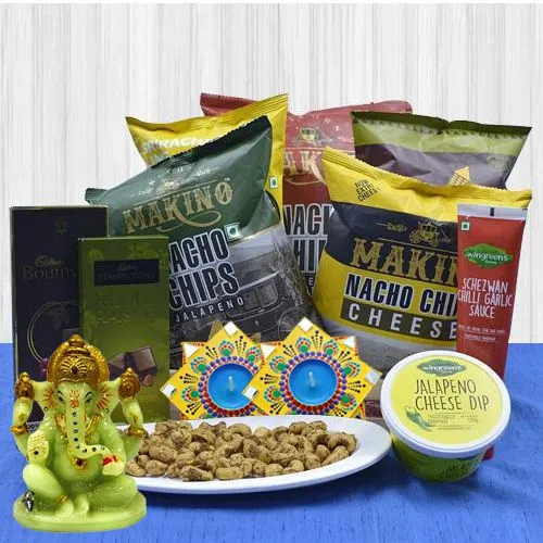 Fabulous Nacho Choco Basket with Glowing Ganesha  N  Mirror-Dot Mandala Diya