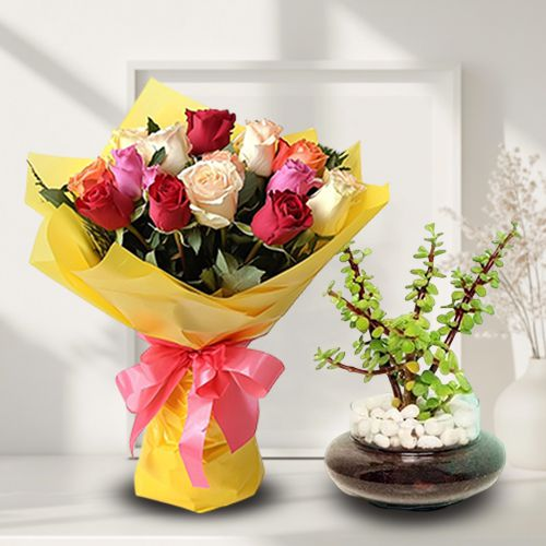 Botanical Jade Plant in Glass Planter with Colorful Roses Bouquet<br>