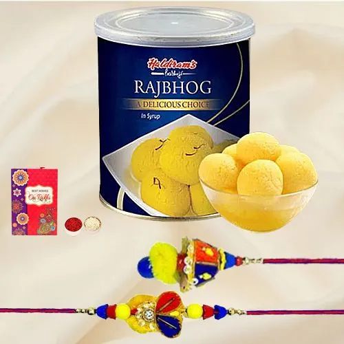 Amazing Lumba Rakhi Set N Haldirams Raj Bhog, Free Roli Tika N Card