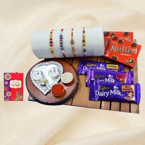 Cool 4 Stone Rakhi Set with Silver plated Puja Thali n Assorted Chocolates