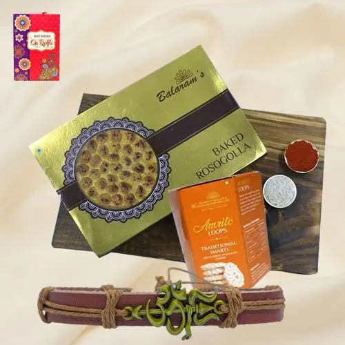 Sumptuous Balaram Mullicks Rasgulla N Chocolate Imarti with Om-Trishul Rakhi