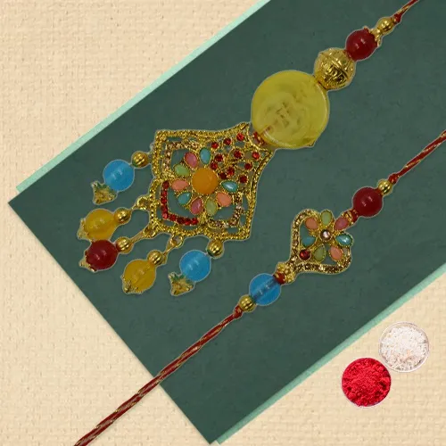 Stone-Dotted Golden Rakhi Bhai Bhabhi Lumba