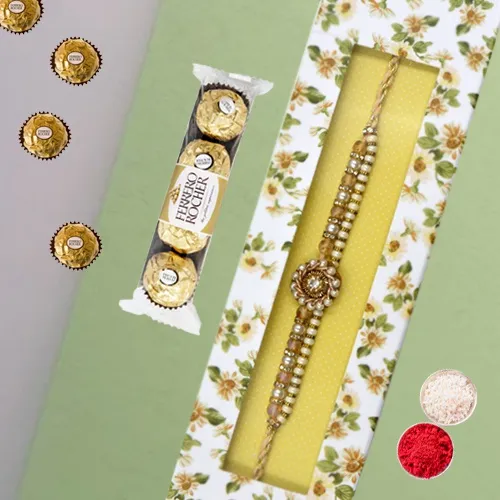 Stone-studded Rakhi in Box N Ferro Rocher Combo