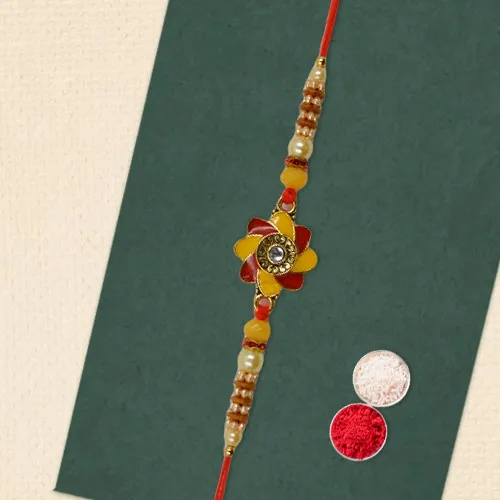 Yellow-red Metal Chakri Rakhi Pick for Bhai