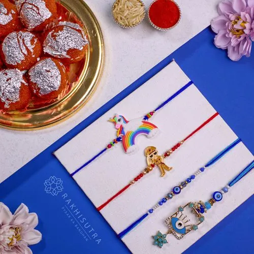 Elegant Family Rakhi Set N Ghee Laddu Combo