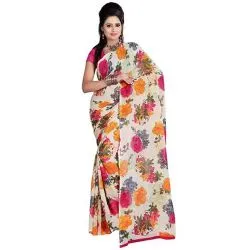 Eye Catching Off White and Pink Coloured Saree with Floral Print Design