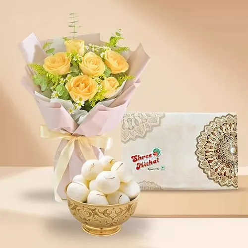 Yellow Roses Delight N Rasgulla Duo