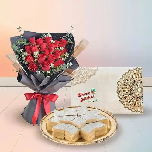 Red Roses N Kaju Katli Bliss