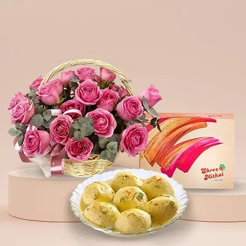 Pink Roses N Rasmalai Bliss