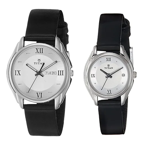 Gorgeous  Silver Dial Leather Strap Pair Watch