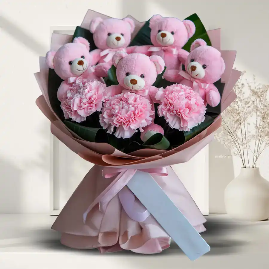 Teddy Day Special Bouquet featuring pink art carnations and plush teddies arranged together in a charming display