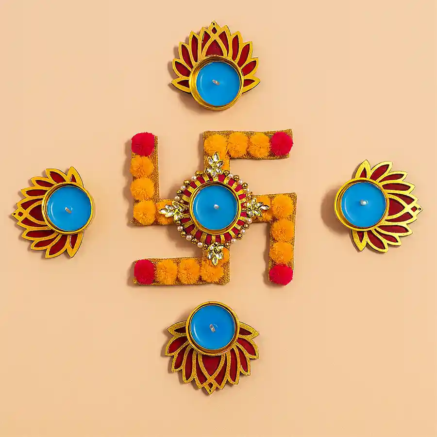Vibrant Rangoli Artistry Kit featuring a complete design set for creating stunning patterns on flat surfaces. Ideal for festivals and gatherings.