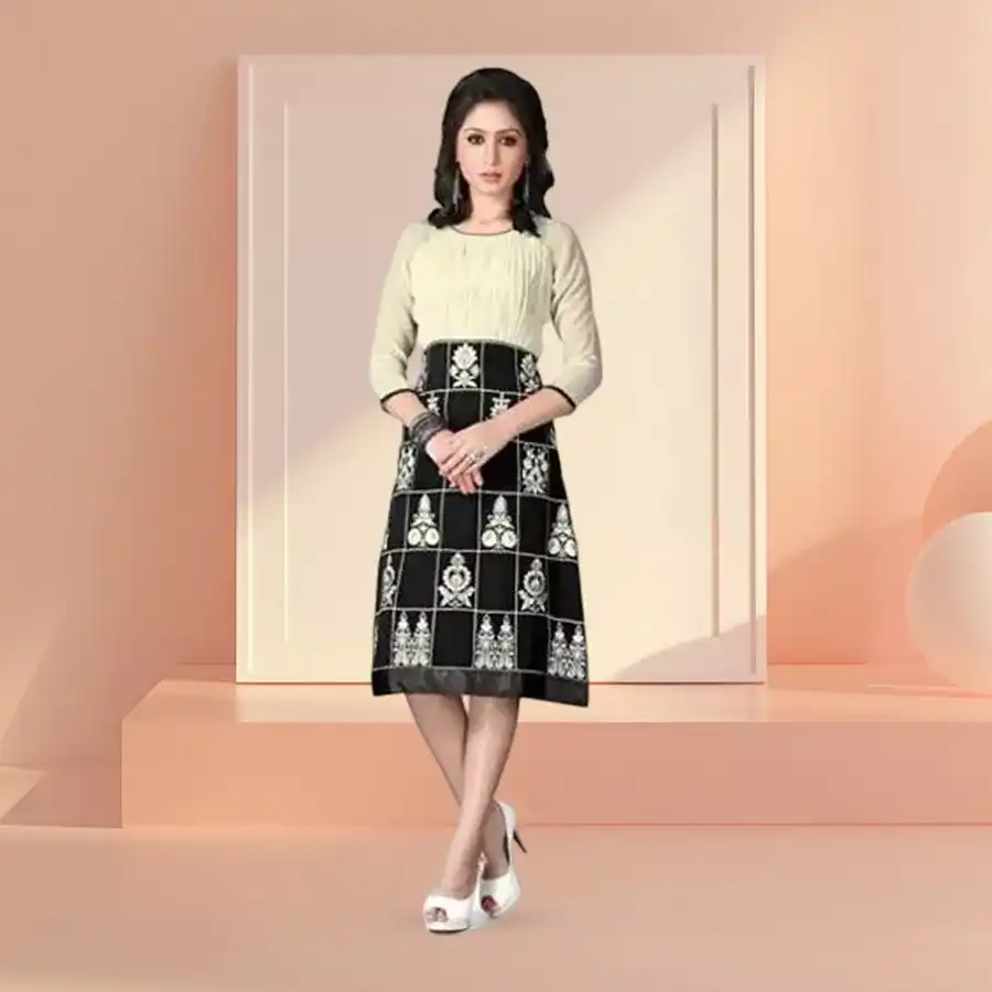 Exclusive Georgette Embroidered Kurti in beige and black with intricate embroidery and a graceful drape.