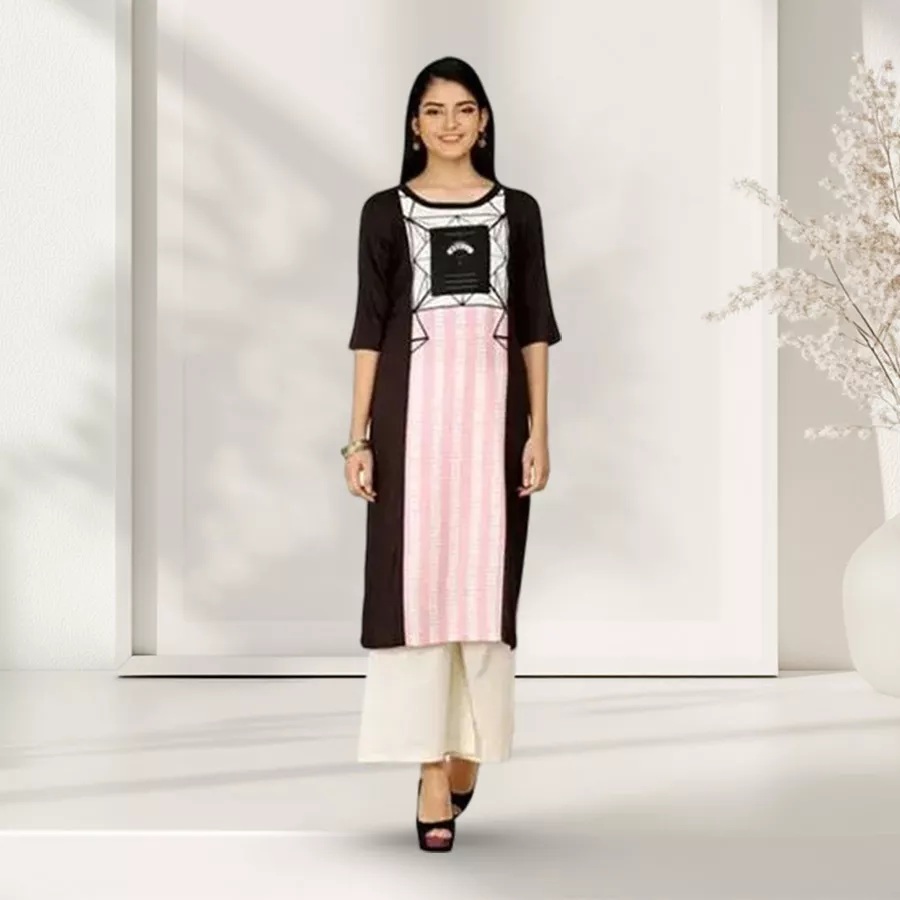 Elegant black kurti by Wills Lifestyle displayed on a model, showcasing a stylish frontal design and lightweight rayon fabric.