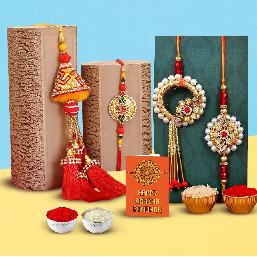 Dazzling Swastik Designer Bhaiya Bhabhi Rakhi Set with a Rakhi, Roli Tilak, and Chawal elegantly wrapped in unique designs