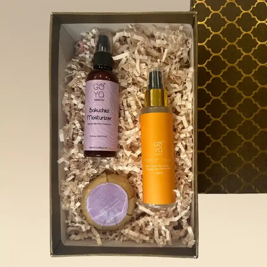 Radiance Unwrapped Skincare Collection featuring Papain Mush Face Toner, Bakuchiol Body Moisturizer, and Ms. Rosie Goat Milk Soap in a beautiful box.