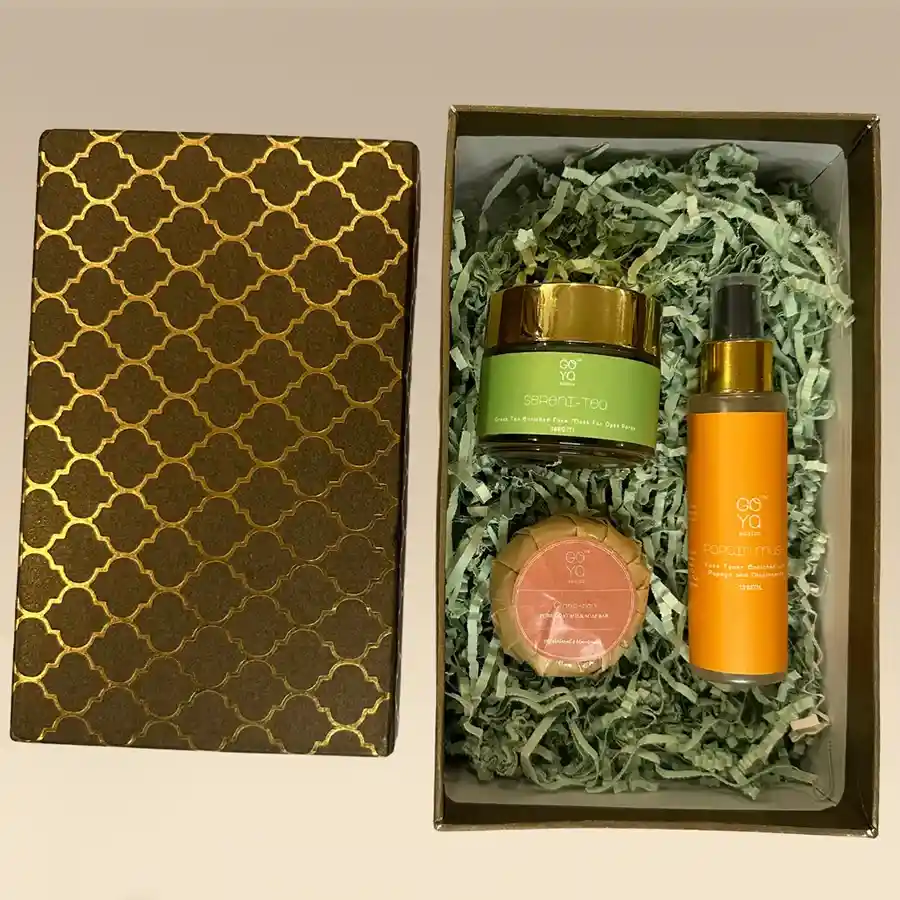 Purity N Serenity Gift Set featuring Papain Mush Face Toner, Sereni-Tea Face Mask, and Lavender Garden Goat Milk Soap for skincare tranquility.
