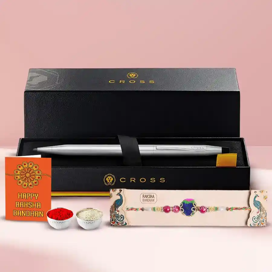 Cross Pen alongside a beautifully crafted Rakhi, symbolizing the bond of siblings for Raksha Bandhan.