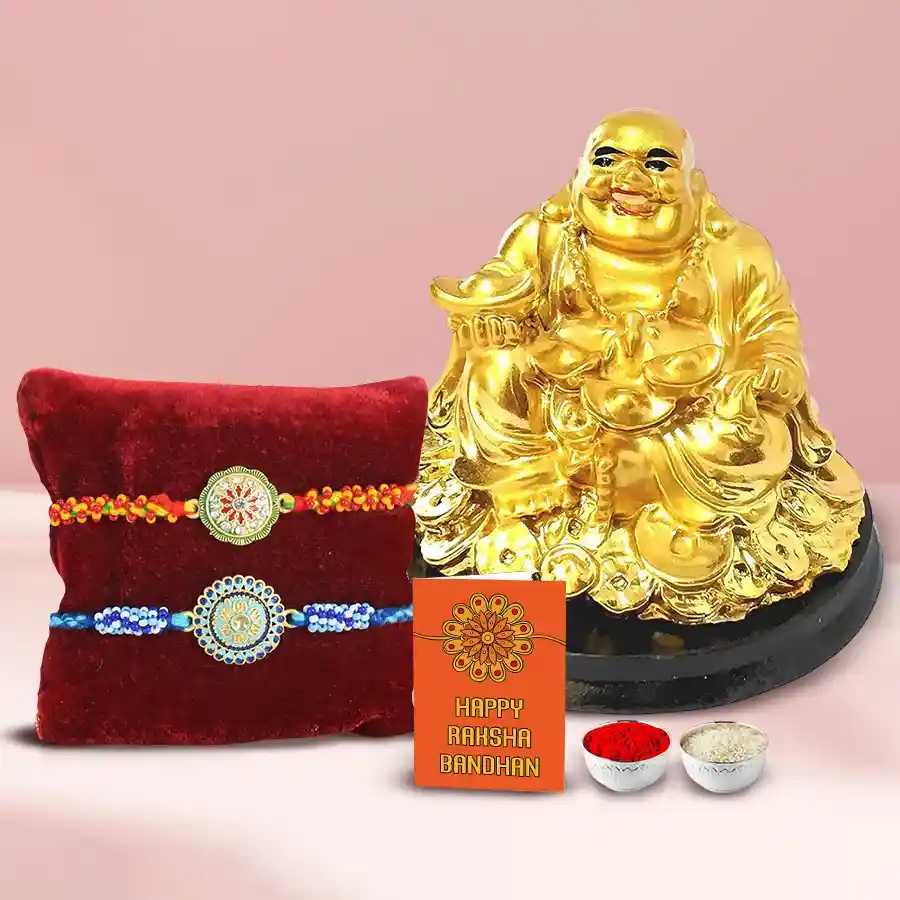 Fabulous Laughing Buddha Piece with two beautifully designed rakhis, Roli, Tilak, and Chawal for Raksha Bandhan celebrations.