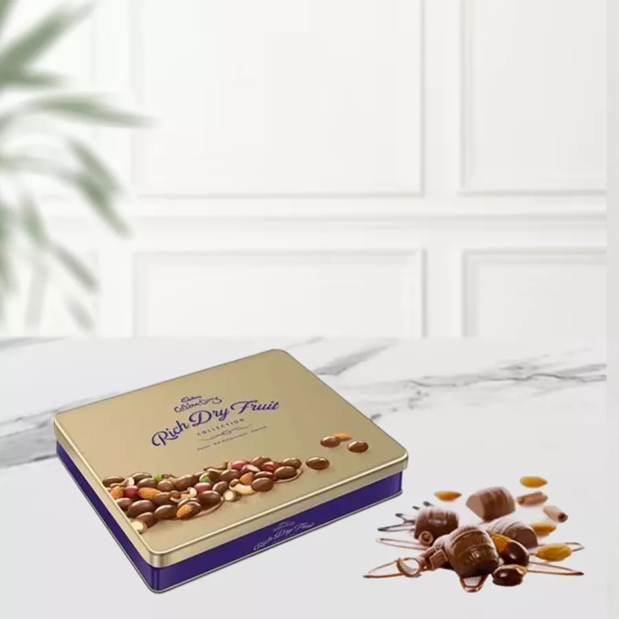 Tin of Cadbury Celebrations Rich Dry Fruits containing chocolates and premium dry fruits
