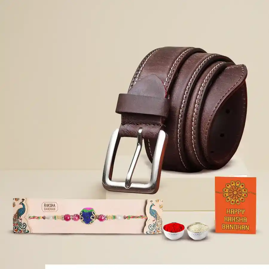 Elegant imported leather belt with a complimentary Rakhi, Roli, Tilak, and Chawal for Raksha Bandhan celebrations.