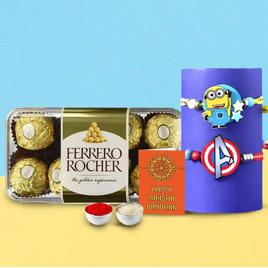 Delicious Ferrero Rocher chocolates with two beautiful Rakhis, a Rakhi message card, Roli, and Chawal for Raksha Bandhan celebration