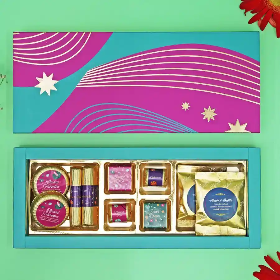 Choco Symphony Surprise Box with assorted chocolates including Almond Floretines, Fruit and Nut Chocolate Logs, Orange Crisp, Irish Cream, and Almond Brittles