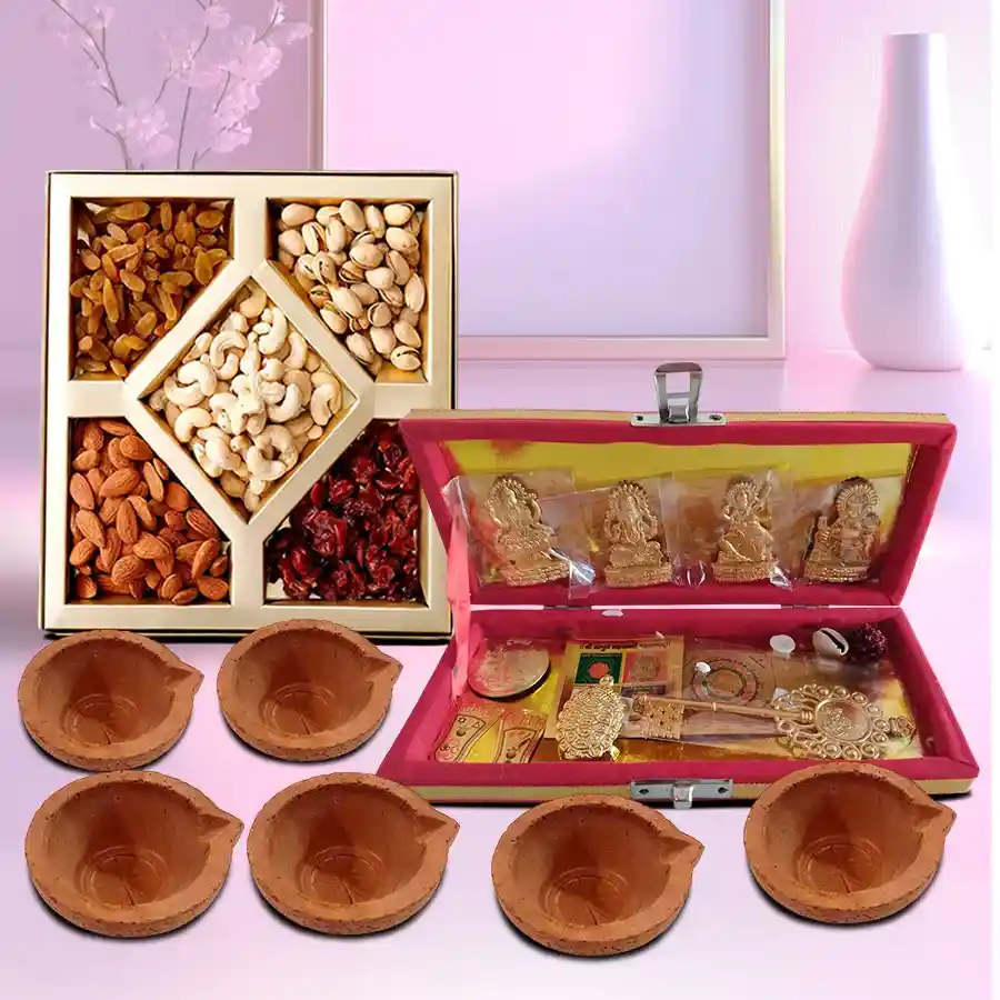 Prosperity Blessings Yantra Gift Set featuring brass idols and dry fruits.