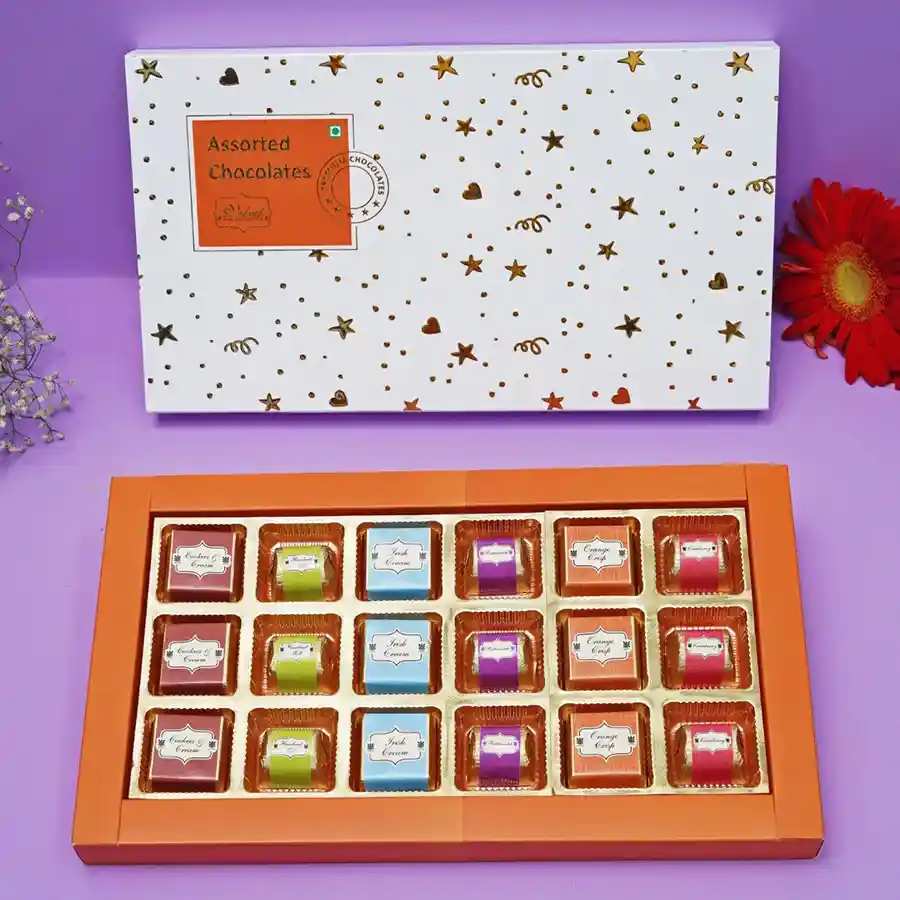 Elegant gift box filled with 18 handcrafted chocolates in six delicious flavors