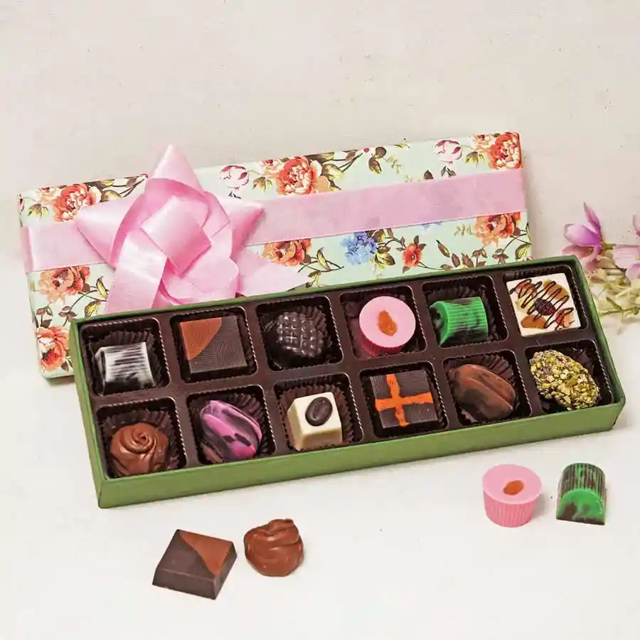 Assorted Chocolate Temptations Box with 12 handcrafted chocolate pieces in various flavors and textures