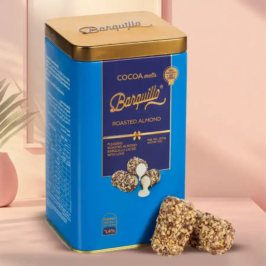 Luscious Barquillo Roasted Almond Chocolate Tin with crispy barquillos dipped in chocolate and topped with roasted almonds