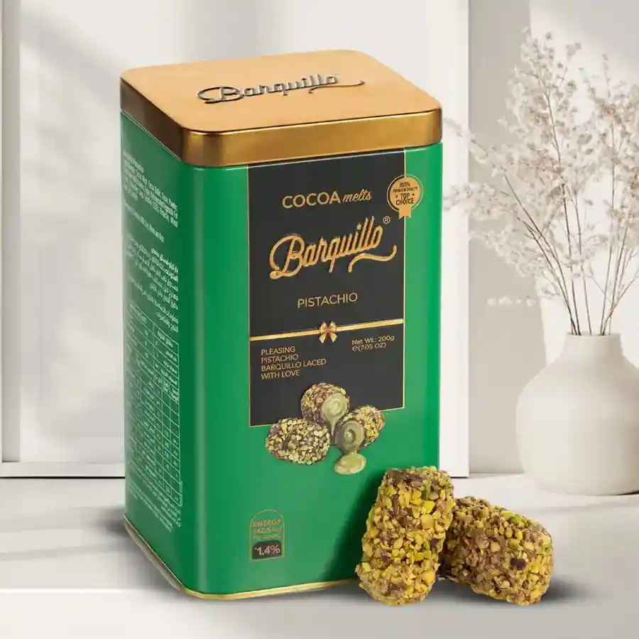 Elegant Barquillo Pistachio Chocolate Gift Tin with crispy wafers and pistachio chocolate inside