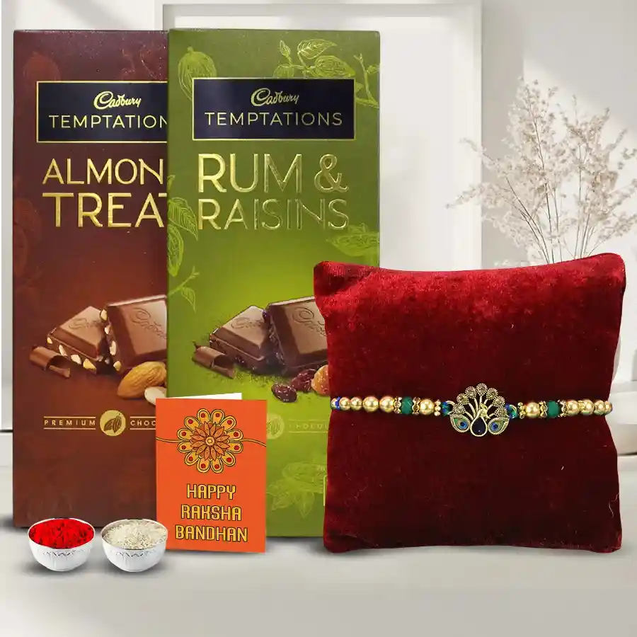 Cadbury Temptations chocolate bars with Rakhi, Roli, Tilak, and Chawal package.