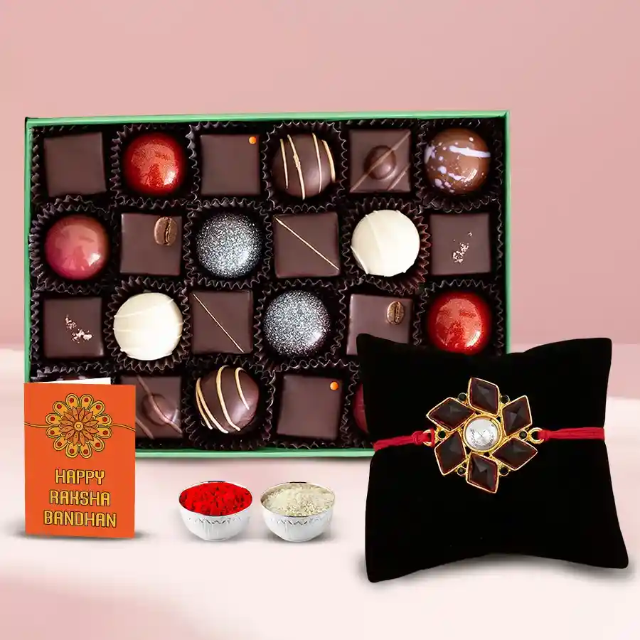 Pack of 24 assorted homemade chocolates with two stylish designer Rakhis and Roli Tilak Chawal in an elegant box