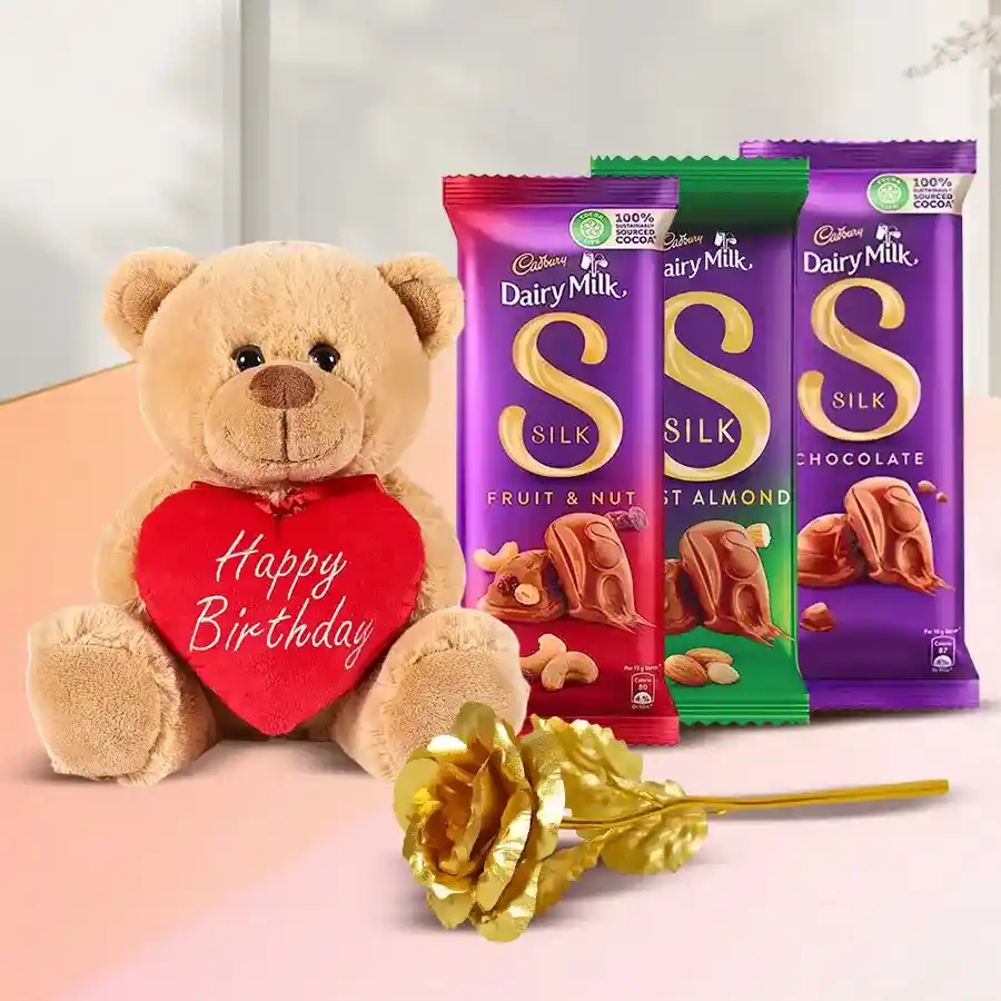 Exquisite Chocolate N Teddy Delight Gift Hamper featuring Cadbury Dairy Milk Silk bars, a happy birthday singing teddy, and a golden rose.