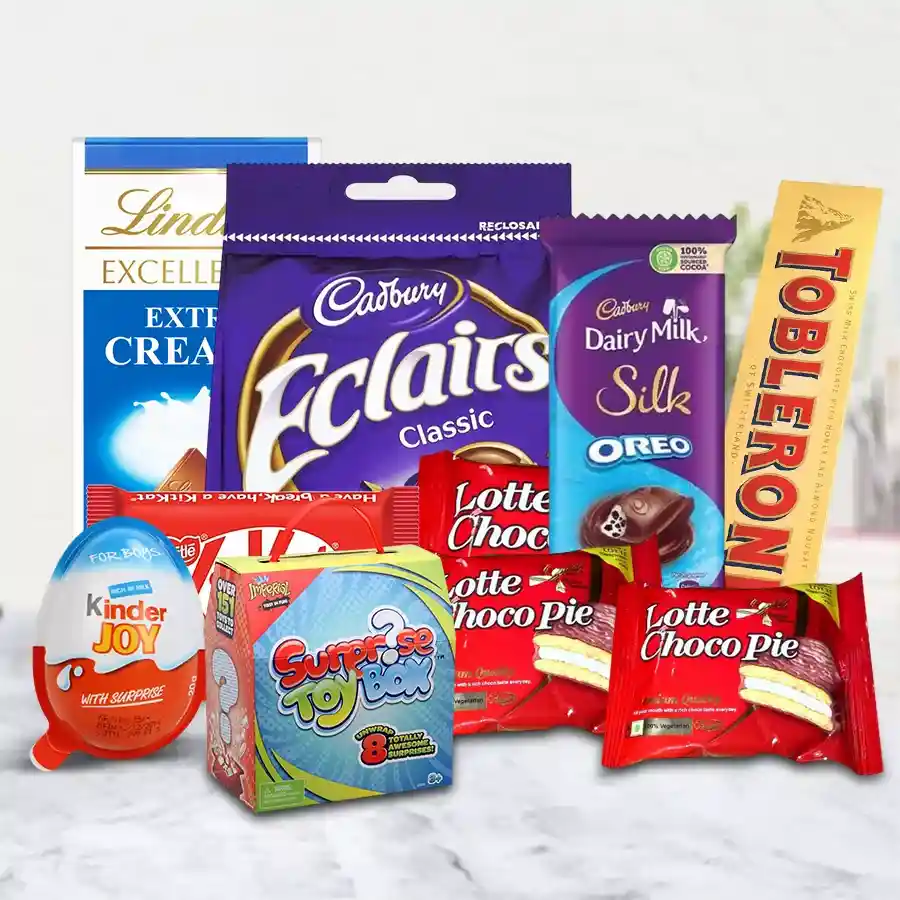 Delectable Chocolate Hamper filled with a variety of chocolates and a Surprise Box of Toys