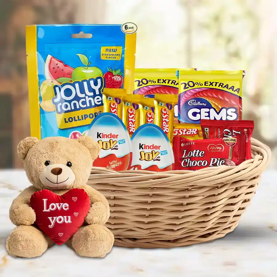 Amazing Chocolates Hamper for Kids featuring a teddy bear and assorted chocolates and candies in a basket