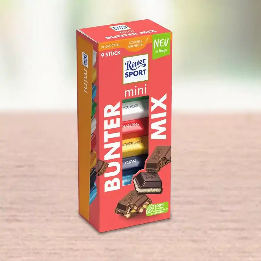Yummy Mini Chocolate Mix from Ritter Sport featuring nine assorted mini chocolates in a colorful package