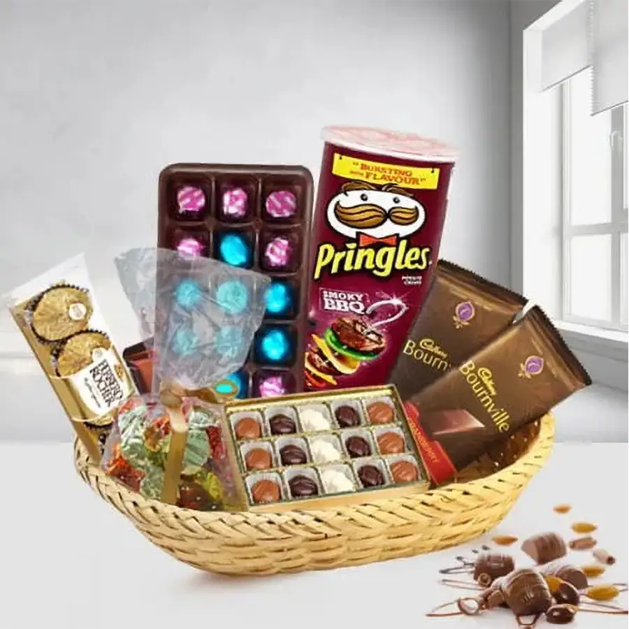 Marvelous Basket of Mixed Chocos featuring homemade chocolates, gourmet treats, Cadbury Bournville bars, Ferrero Rocher, and Pringle chips arranged in a charming basket.