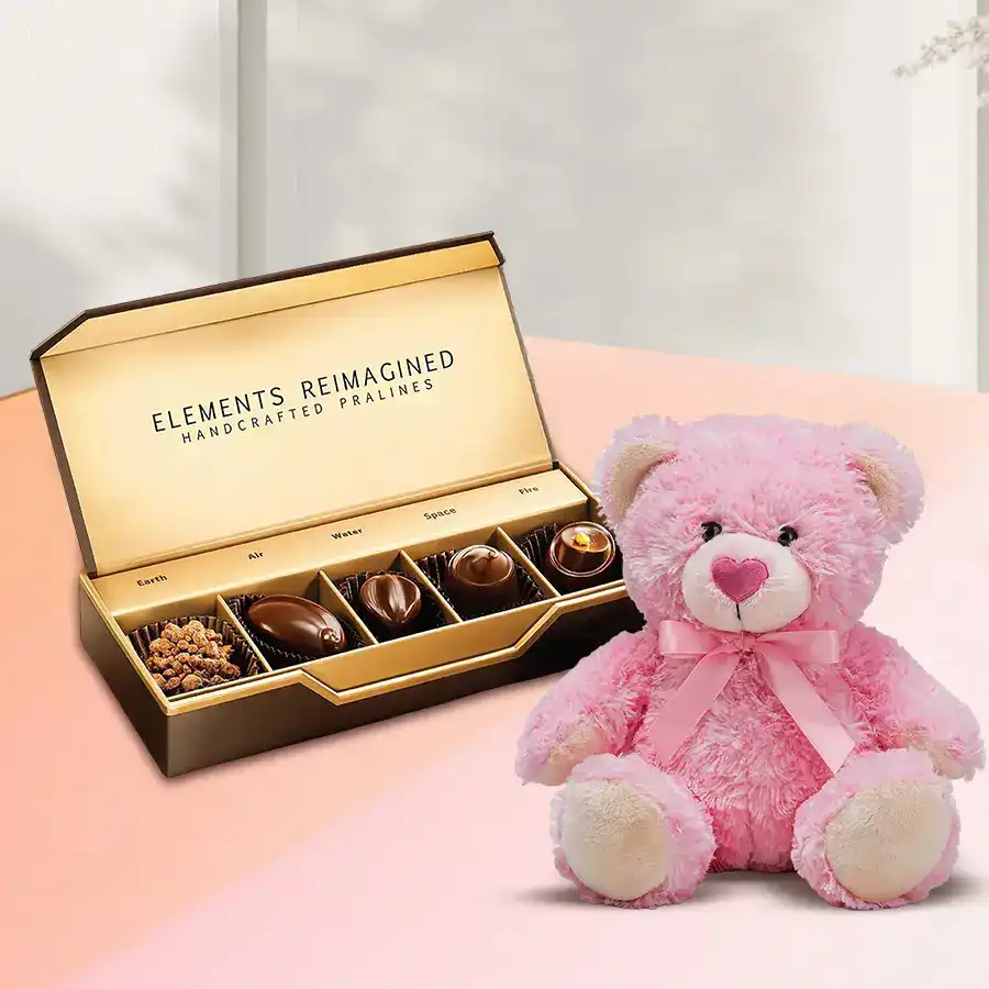 Element Chocolates from ITC N Teddy Combo featuring a box of 5 premium chocolates and a 6-inch teddy bear